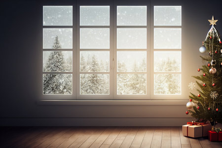 Christmas tree with decorations in room with large window. 3d renderingの写真素材