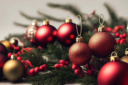 Christmas decoration with red and golden baubles on fir tree branchesの写真素材