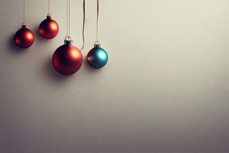 Christmas background with red and blue baubles on a gray backgroundの写真素材