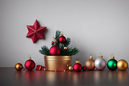 3d rendering of christmas decorations with red star on gray backgroundの写真素材