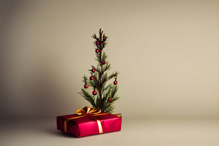 Christmas tree and gift box on white background. Christmas and New Year concept.の写真素材