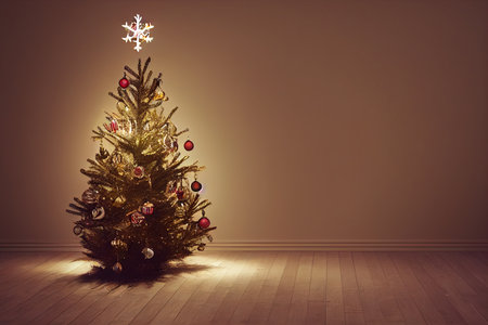 Christmas tree in a room with wooden floor and copy space. 3d renderingの写真素材