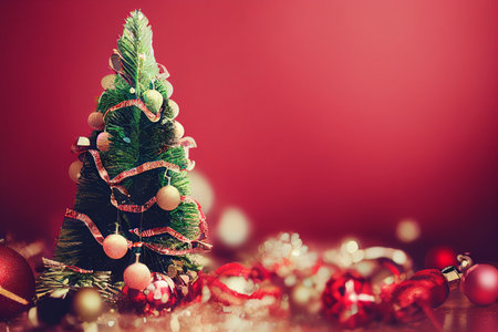 Christmas tree with red and gold decorations on a red background with bokehの写真素材