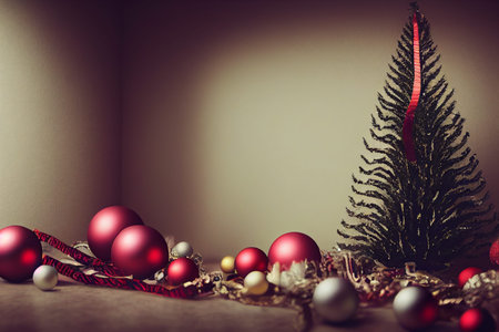 Christmas tree and red baubles on wooden background with copy spaceの写真素材