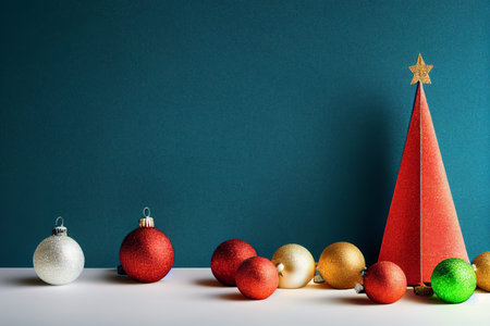 Christmas tree and baubles on a blue background with copy space