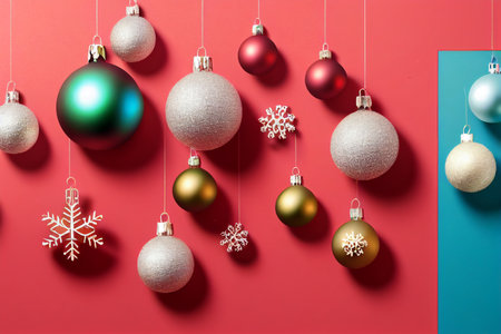 Christmas background with christmas balls and snowflakes on red and blue backgroundの写真素材