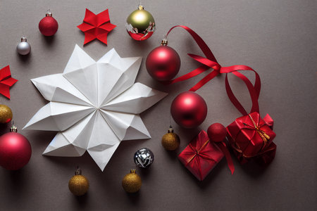 Christmas decoration on gray background. top view. flat lay. copyspace.の写真素材