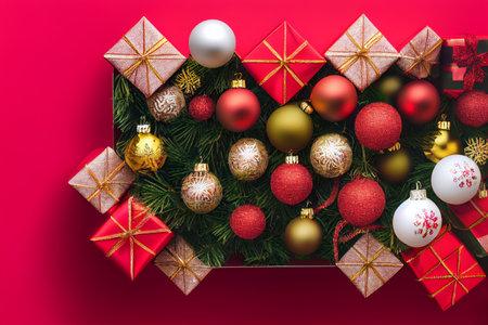 Christmas decoration with gift boxes and red and gold balls on red backgroundの写真素材