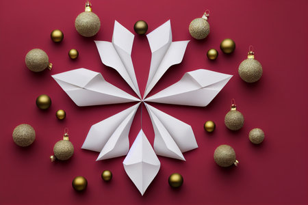White paper origami snowflake and christmas balls on red backgroundの写真素材