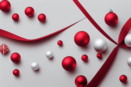 Christmas background with red and white balls and ribbon. 3d illustrationの写真素材