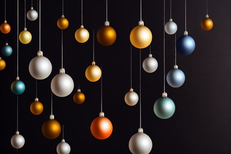 Colorful christmas balls hanging on black background. Christmas decoration.の写真素材