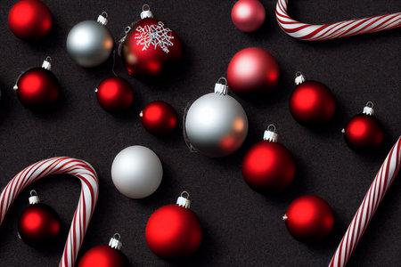 Christmas background with red and silver balls and candy canes on a black background