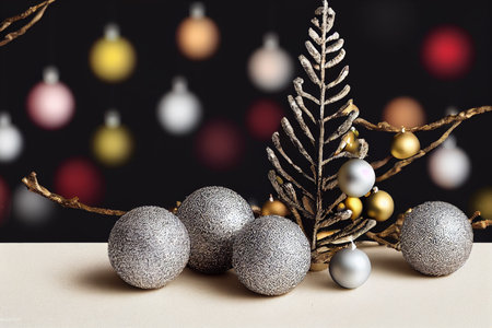 Silver and gold christmas balls with christmas tree branch over black backgroundの写真素材