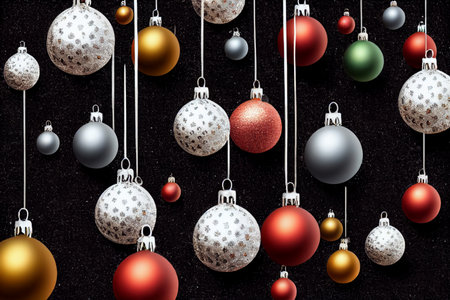 Christmas baubles on a black background with copy space. 3d illustrationの写真素材