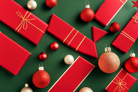 Christmas ornaments and gift boxes on green background, top view