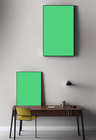 Interior of modern living room with white walls, concrete floor, wooden table with yellow armchair and two green mock up posters. 3d renderingの写真素材