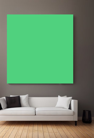 interior with sofa and blank green poster on wall, 3d renderの写真素材