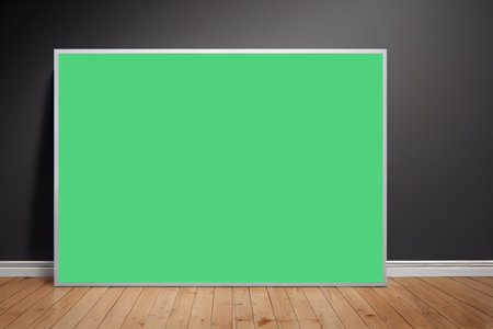 Blank green billboard on wall in room. Mockup, 3D Renderingの写真素材