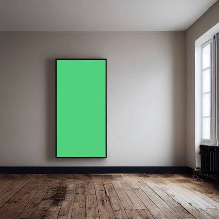 Blank green poster on wall in empty room. Mockup, 3D Renderingの写真素材
