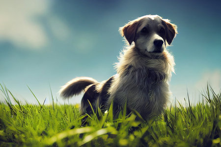 Portrait of a cute dog on green grass with blue sky backgroundの写真素材