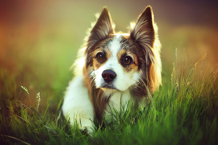 Portrait of a cute dog on a background of green grass.の写真素材