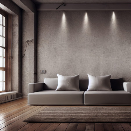 Interior of modern living room with concrete walls, wooden floor, white sofa with pillows and...