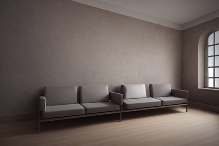 Interior of a room with a sofa and a window. 3d rendering