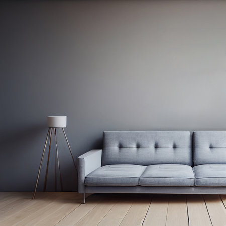 Interior of modern living room with gray sofa, lamp and wooden floor. 3d renderingの写真素材