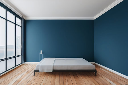 Interior of modern bedroom with blue walls, wooden floor and comfortable king size bed. 3d renderingの写真素材