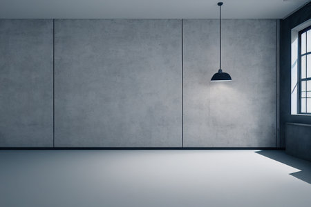 Interior of empty room with concrete wall and ceiling lamp. Mockup, 3D Renderingの写真素材