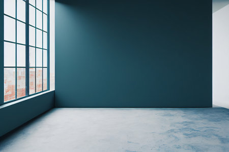 Interior of empty room with blue walls, concrete floor and window. Mockup, 3D Renderingの写真素材