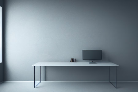 Minimalistic office interior with gray walls, concrete floor and white computer desktop. Mockup, 3D Renderingの写真素材