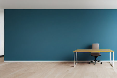 Interior of modern office with blue wall and wooden floor. 3d renderingの写真素材