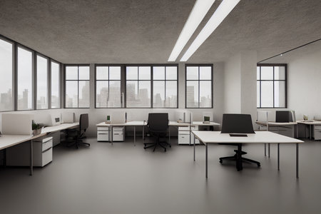 Interior of modern open space office with white walls, concrete floor, rows of computer tables and gray chairs. 3d renderingの写真素材