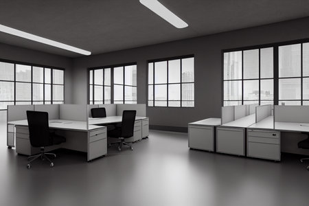Interior of modern office with gray walls, concrete floor, rows of white computer tables with black chairs and panoramic windows. 3d renderingの写真素材
