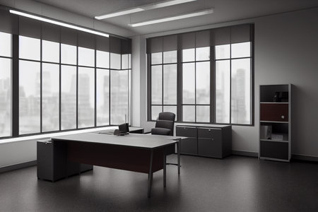Interior of modern office with gray walls, concrete floor, gray computer tables with black chairs and panoramic window with city view. 3d renderingの写真素材