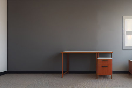 Interior of a living room with a black wall and a wooden tableの写真素材