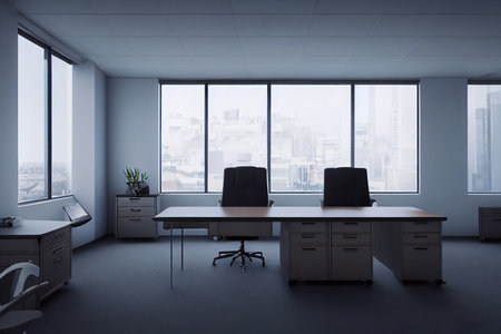 Contemporary office interior with panoramic window and city view. 3D Renderingの写真素材