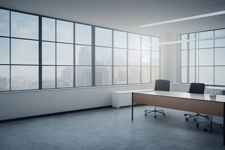 Modern office interior with city view and daylight. 3D Renderingの写真素材