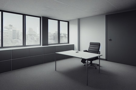 Interior of modern office with gray walls, concrete floor, long black computer table and window with city view. 3d renderingの写真素材