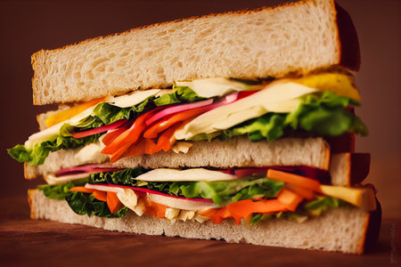 sandwich with cheese and vegetables on a brown background. tone. selective focusの写真素材