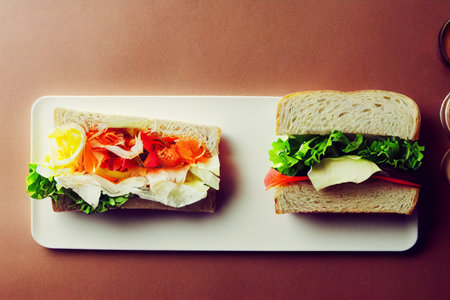 sandwiches with vegetables on a white plate on a brown backgroundの写真素材