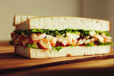Sandwich with fresh vegetables on a wooden board. toned.の写真素材