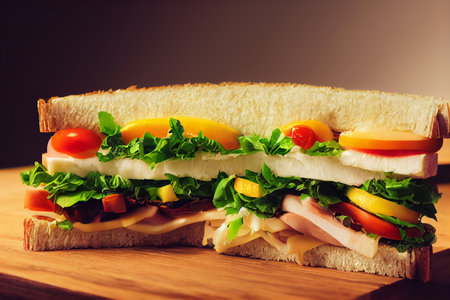 Sandwich with ham, cheese and vegetables. toned image.の写真素材