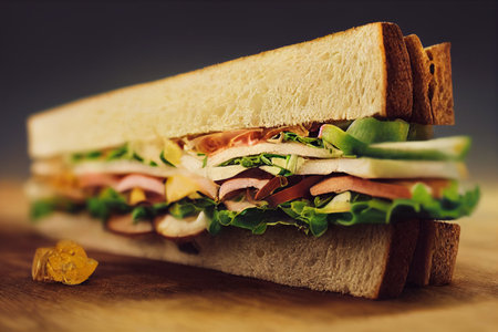 Sandwich with ham, cheese and vegetables on wooden board. Toned.の写真素材