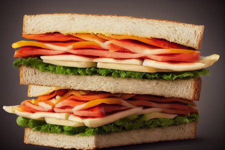 Sandwich with ham, cheese and vegetables on a dark background. Toned.の写真素材