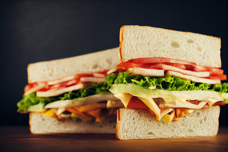 Sandwich with ham, cheese, tomato and lettuce on black backgroundの写真素材