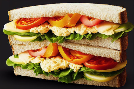 Sandwich with cheese, tomato, cucumber and lettuce on black backgroundの写真素材