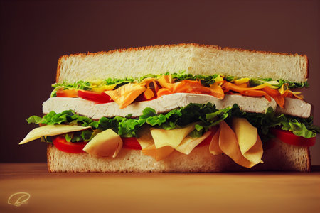 Sandwich with cheese and vegetables on wooden table. toned.の写真素材