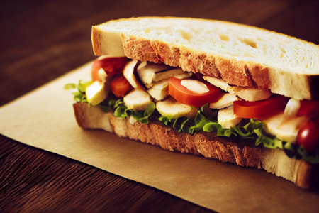 sandwich with chicken and vegetables on a wooden background. toneの写真素材